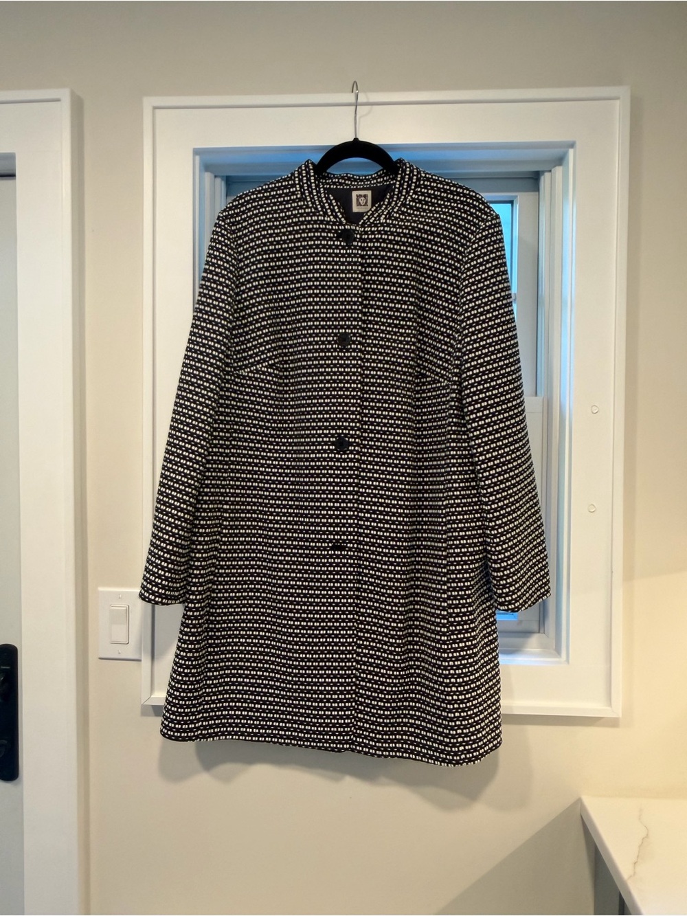 Navy Blue & White Patterned Women's Coat - Classic Button Front Blazer